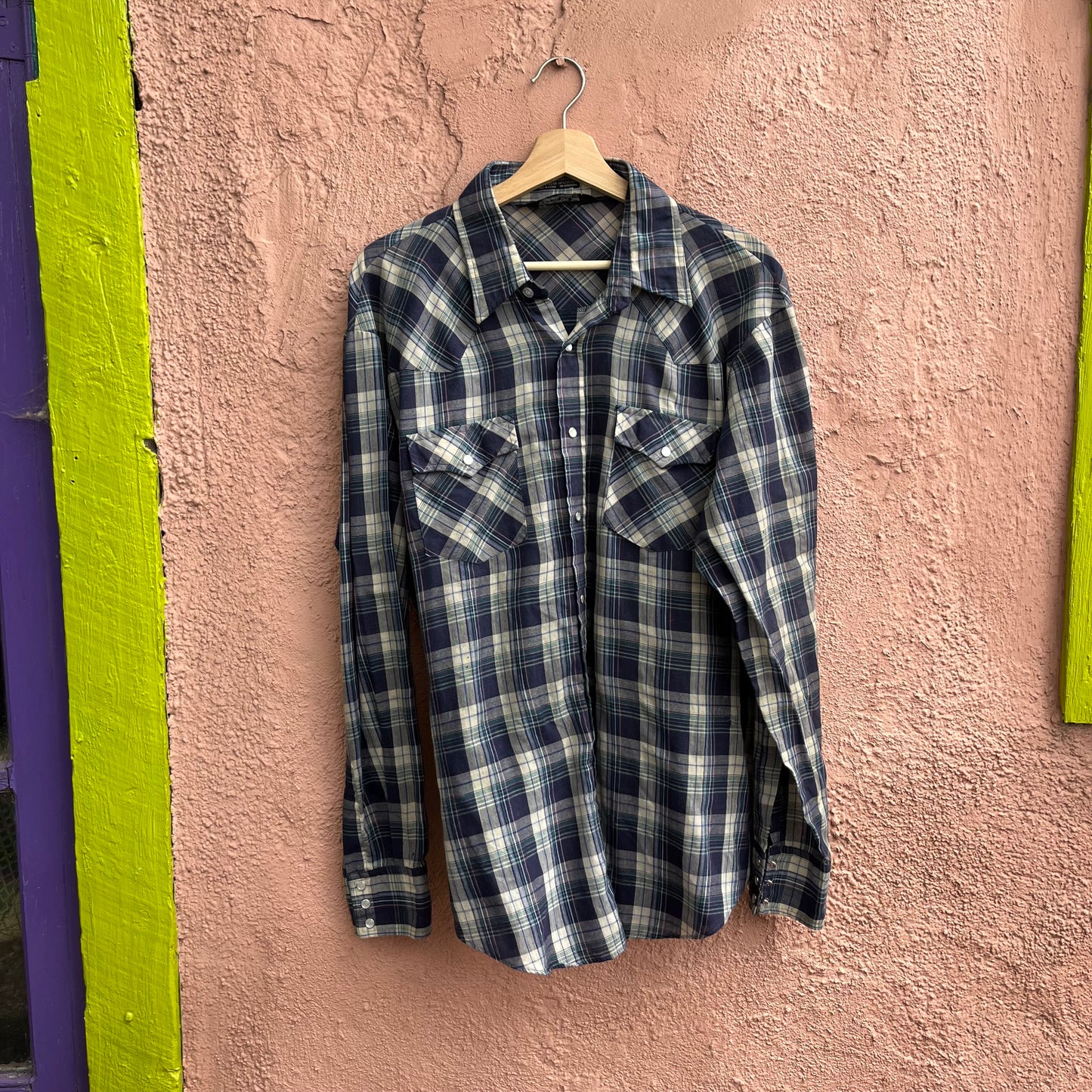 navy plaid pearl snap
