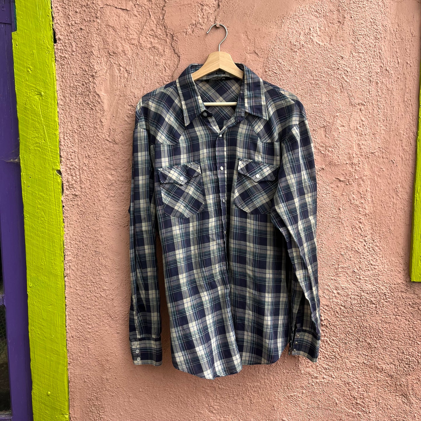 navy plaid pearl snap