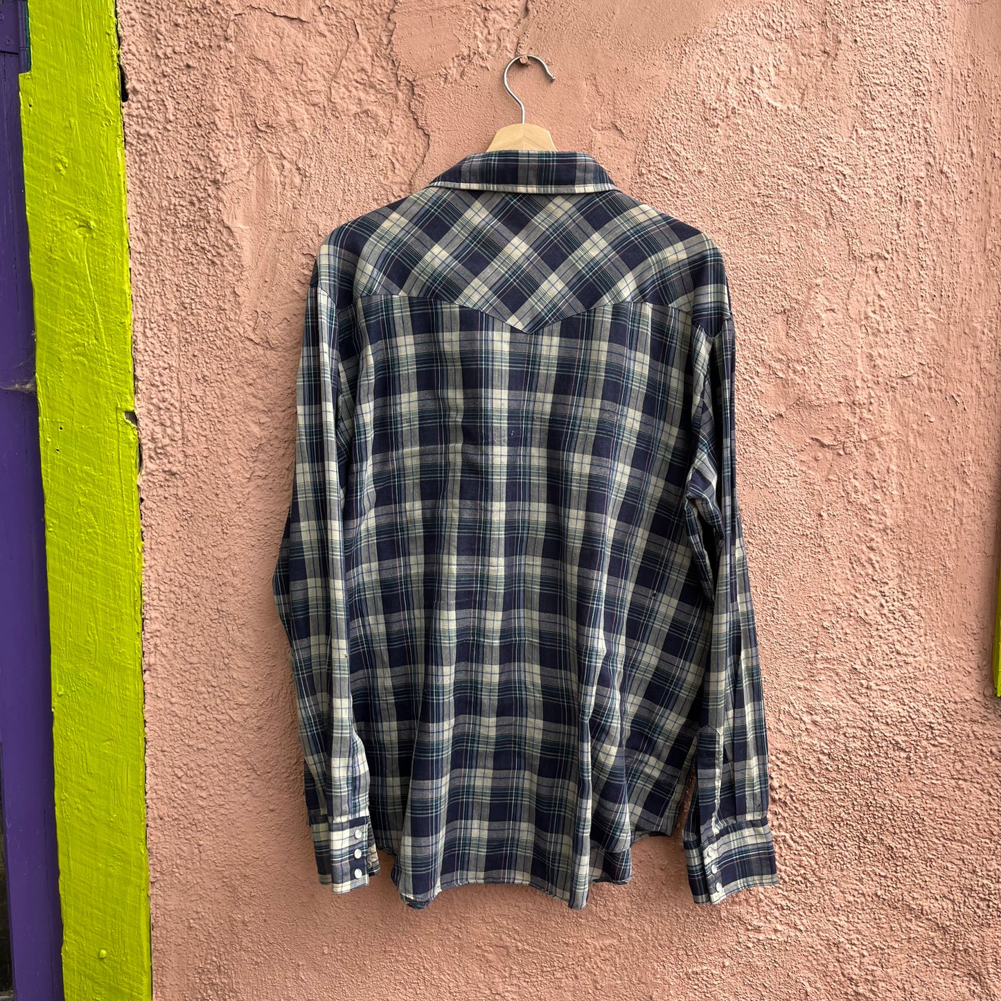 navy plaid pearl snap