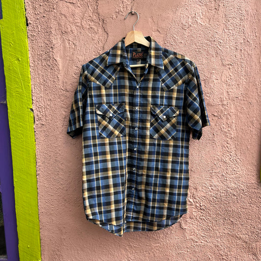 short sleeve plaid pearl snap