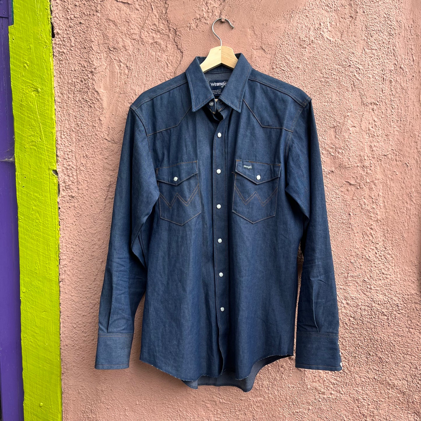 deadstock made in usa raw denim wrangler work shirt